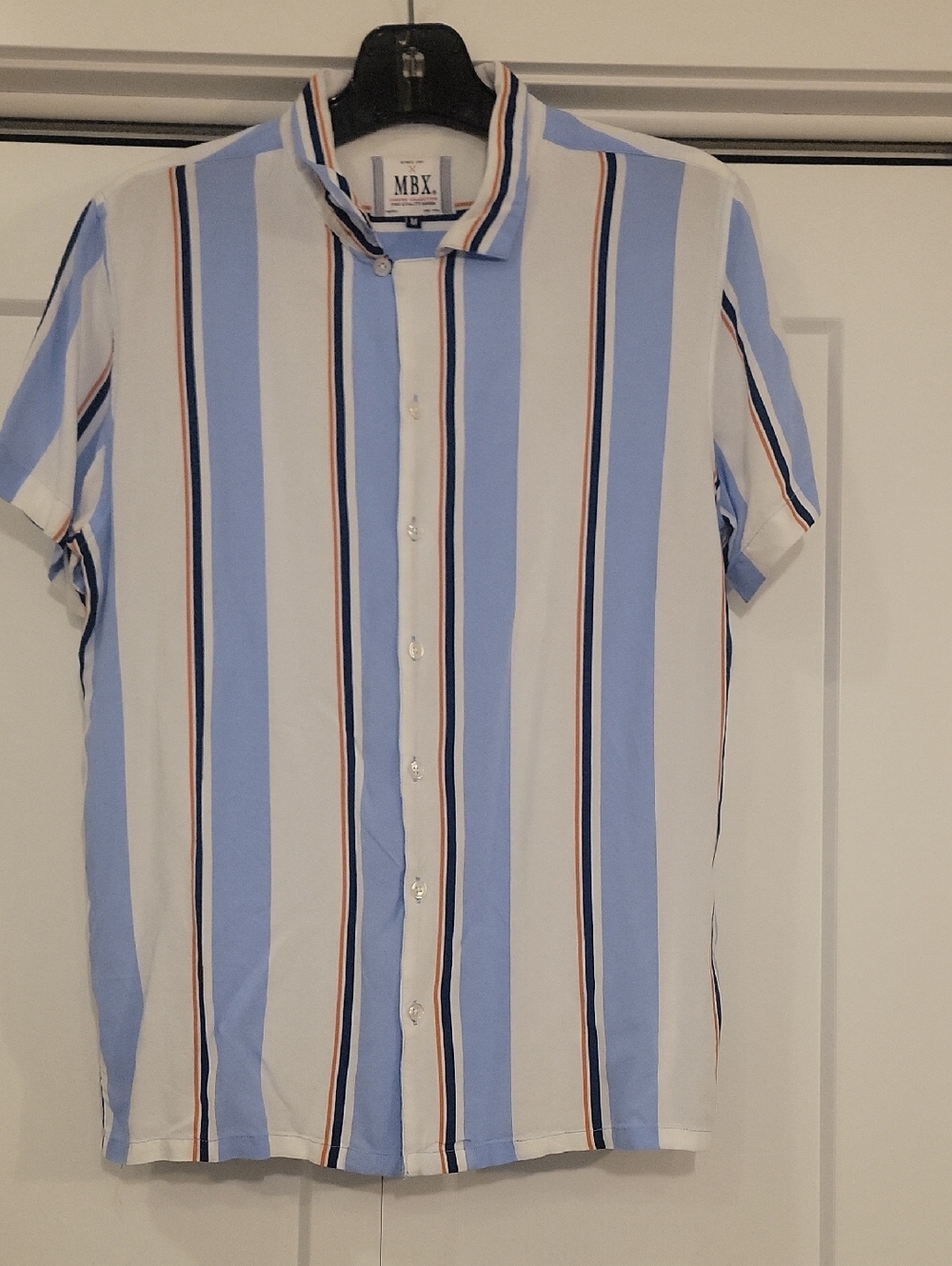 MBX Men's Light Blue & White Vertical Stripe Button-Up Shirt, 100% Viscose, M